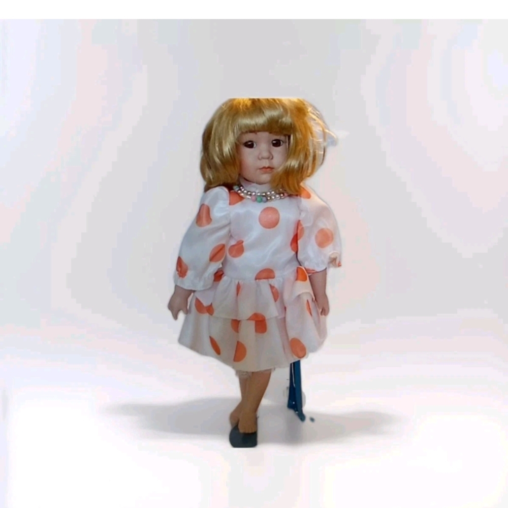MARIAN YU PORCELAIN DOLL 15" LENGTH Polka Dot Dress Doll with Blonde Hair - Picture 6 of 9